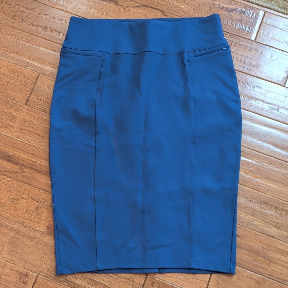 Betabrand Power Down Blue Pencil Skirt